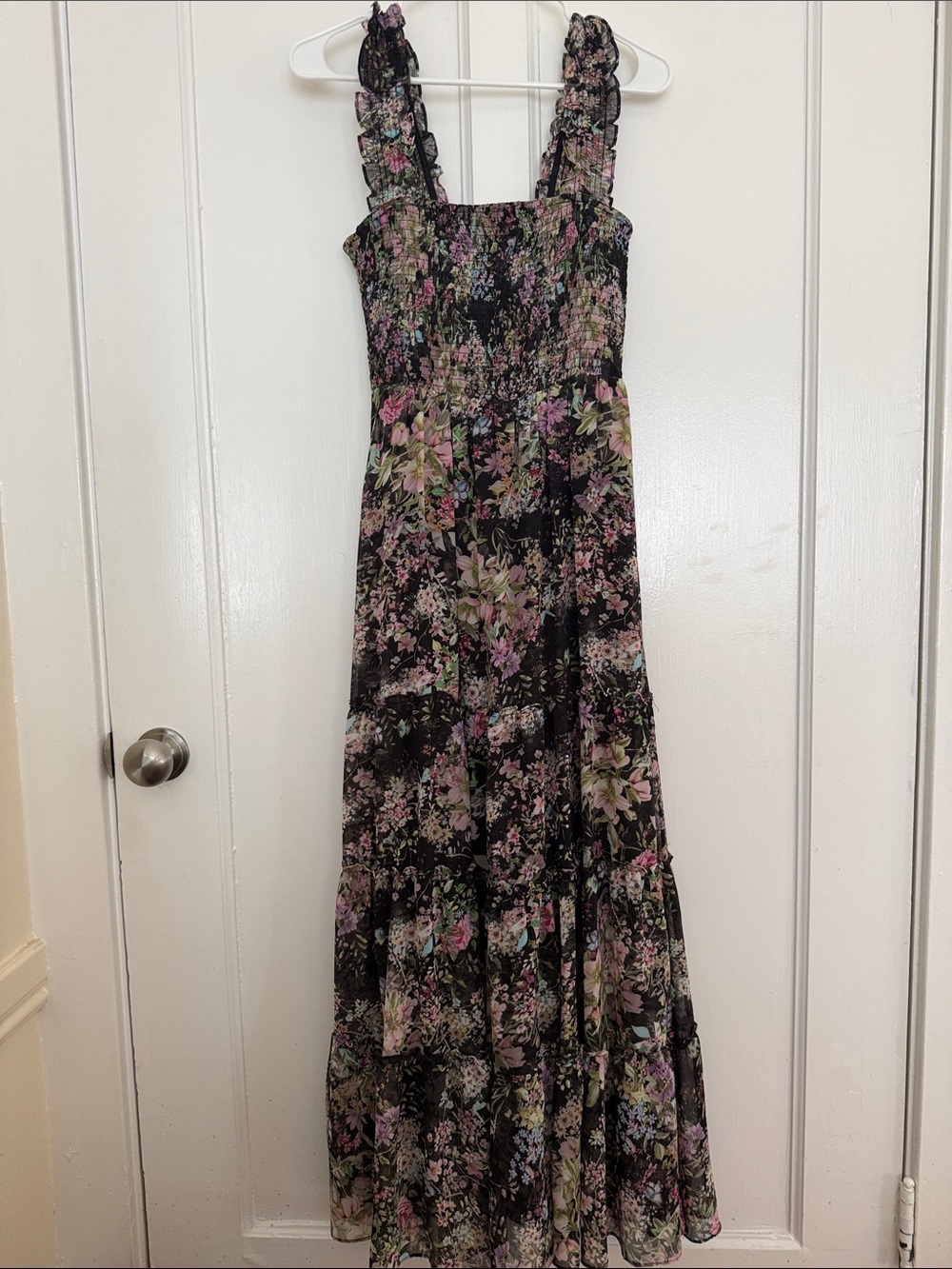 Lucy Paris Floral Smocked Maxi Dress in Black and Pink